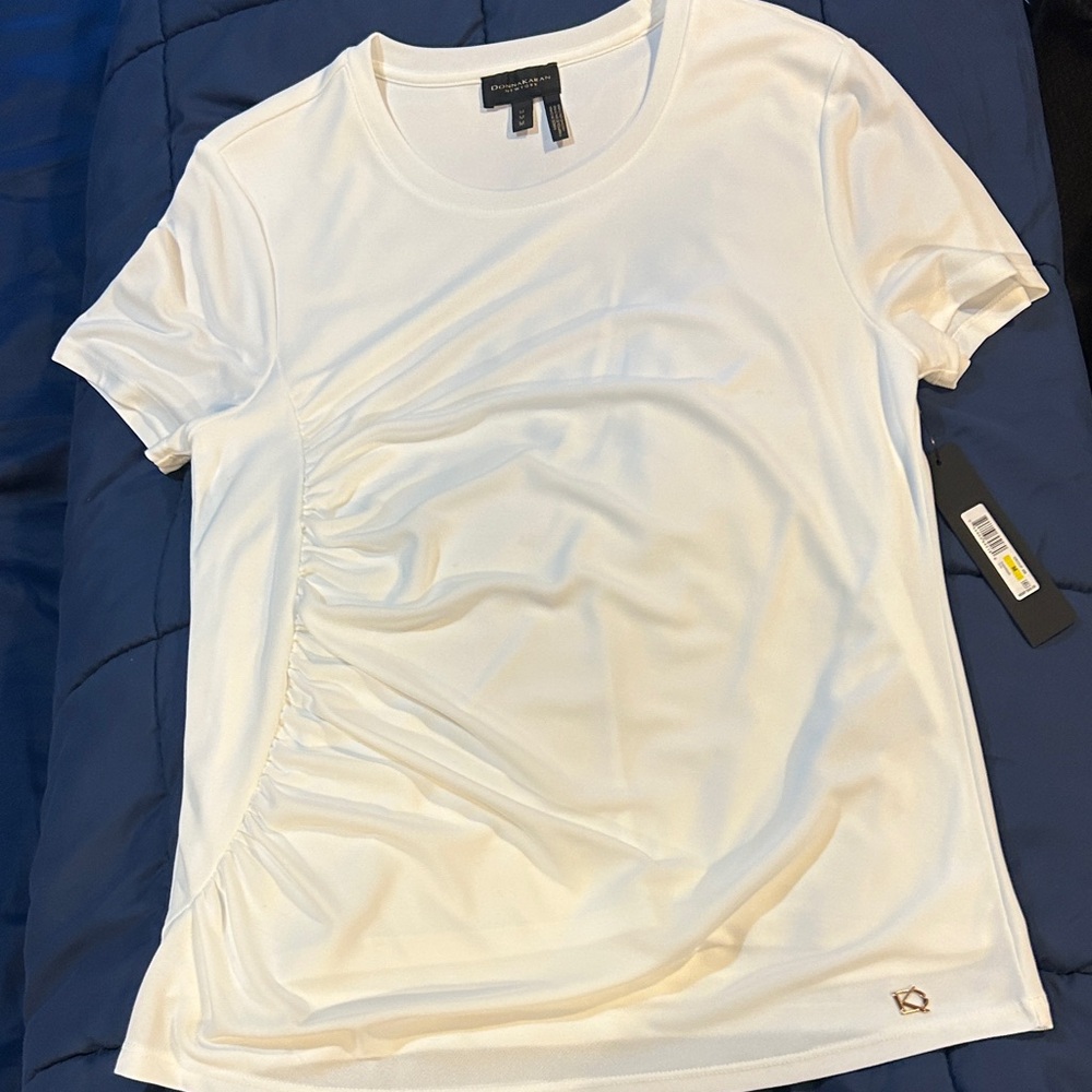 Donna Karan White Ruched Short Sleeve Tee